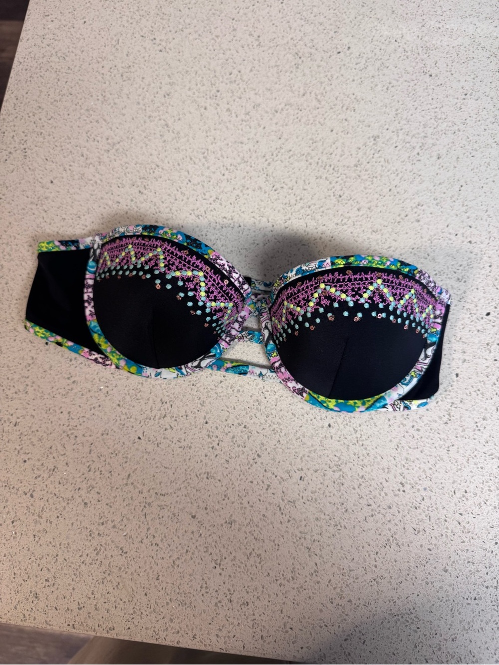 Victoria's Secret Black Bikini Top with Multicolor Floral Trim
